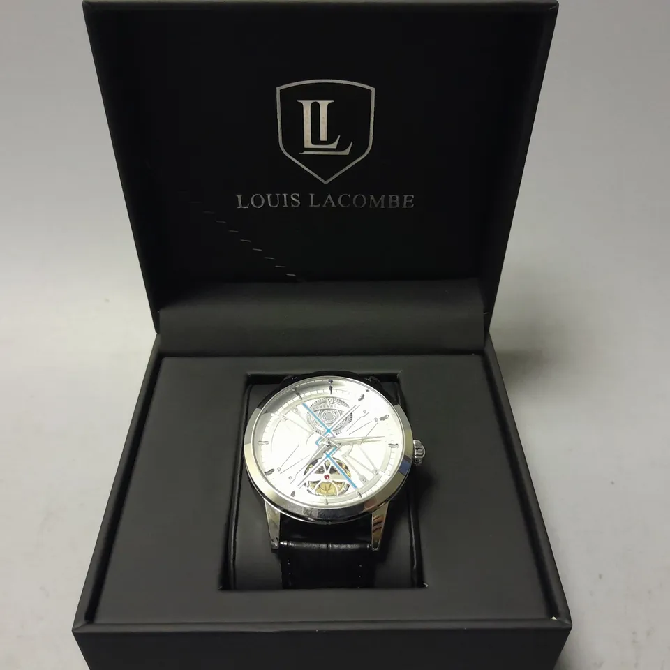 MENS VONLANTHEN AUTOMATIC WATCH – SILVER AND BLUE TEXTURED DIAL - GLASS EXHIBITION BACKCASE – BLACK LEATHER STRAP