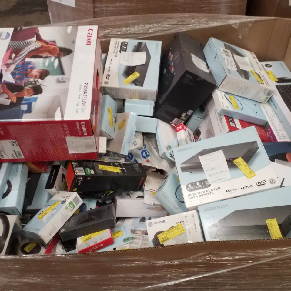 PALLET CONTAINING ASSORTED ELECTRICAL RETURNS INCLUDING HP DESKJET2810E PRINTER, GAMING HEADSET, AERIAL, HDMI DVD PLAYER WITH REMOTE, LIGHT BAR & BLUETOOTH CD BOOMBOX 