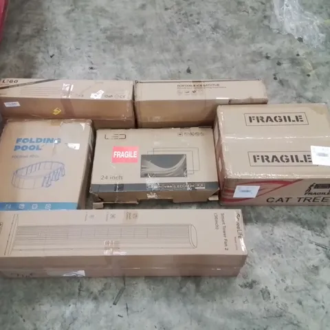 PALLET OF ASSORTED ITEMS TO INCLUDE: GOVEELIFE SMART TOWER FAN, FOLDING POOL, CAT TREE, ELECTRIC WEED SWEEPER, PORTABLE ICE BATHTUB ECT