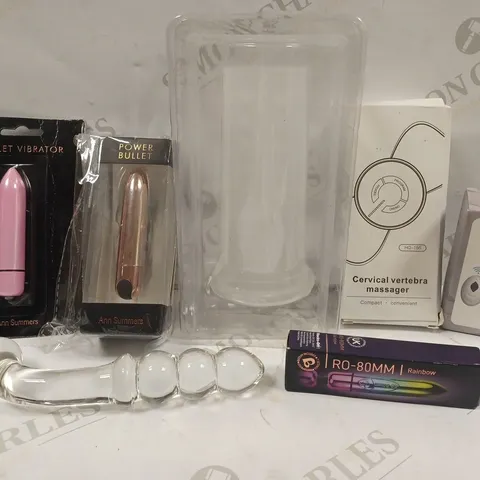 BOX OF 7 ASSORTED ADULT TOYS TO INCLUDE BULLET VIBRATOR, VIBRATION ANAL PLUG, GLASS MASSAGER, ETC