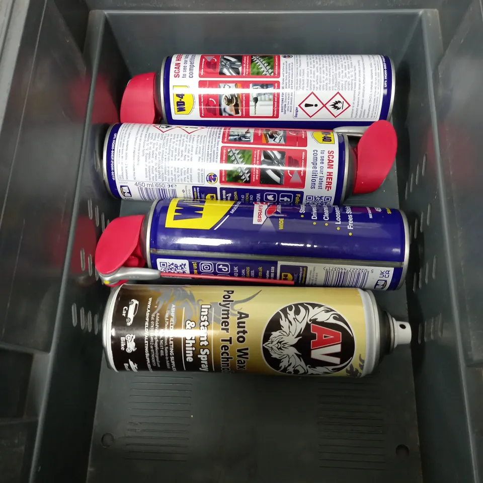 BOX OF APPROXIMATELY 10 ASSORTED AEROSOLS TO INCLUDE - FENWICKS DRIVETRAIN CLEANING KIT - THE LAB CO SLEEP MIST - APEC BRAKE CLEANER - ETC - COLLECTION ONLY