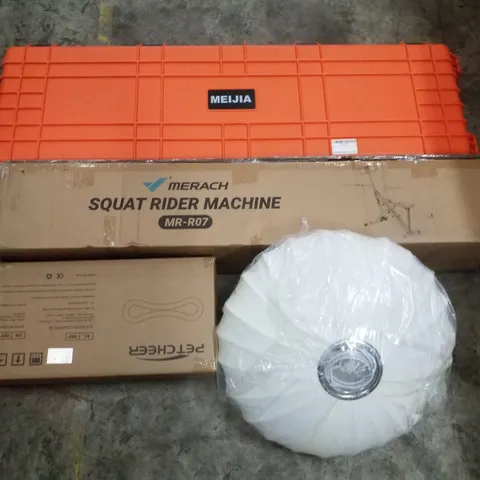PALLET CONTAINING ASSORTED PRODUCTS INCLUDING CAT SCRATCHER LOUNGE BED, LIGHT SHADE, SQUAT RIDER MACHINE & PROTECTIVE CASES