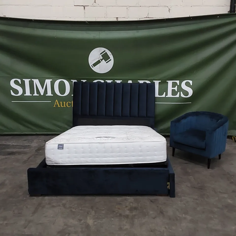 DESIGNER KING SIZE BED WITH MATTRESS IN ROYAL BLUE WITH MATCHING CHAIR