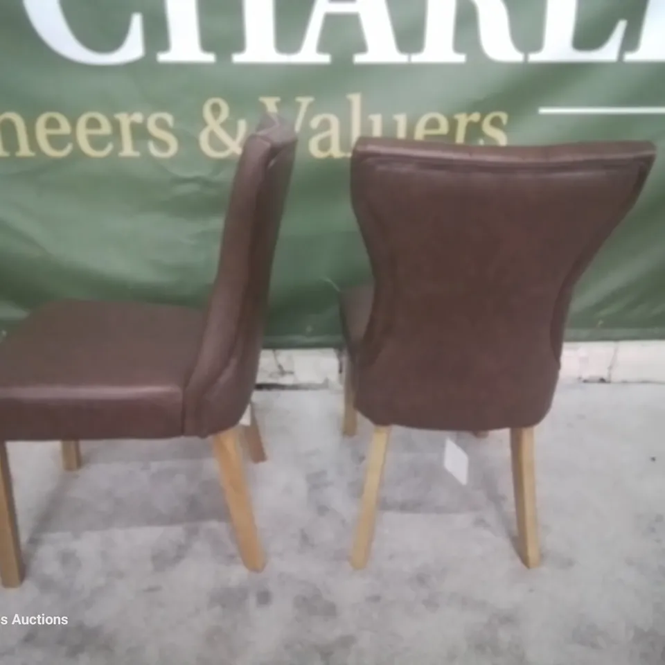 PAIR BEWLEY CLUB BRIWN LEATHER BUTTONED BACK DINING CHAIRS OAK LEGS
