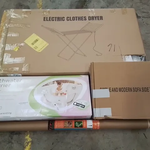 PALLET CONTAINING ASSORTED PRODUCTS INCLUDING ELECTRIC CLOTHES DRYER, BATHWATER BARRIER, MODERN SIDE TABLE & REPTILE TERRARIUM LIGHT