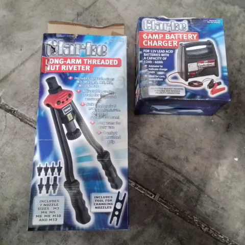 BOX OF ASSORTED ITEMS TO INCLUDE;CLARKE LONG ARM THREADED NUT RIVETER