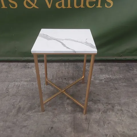DESIGNER SIDE TABLE - WHITE FAUX MARBLE EFFECT & GOLD