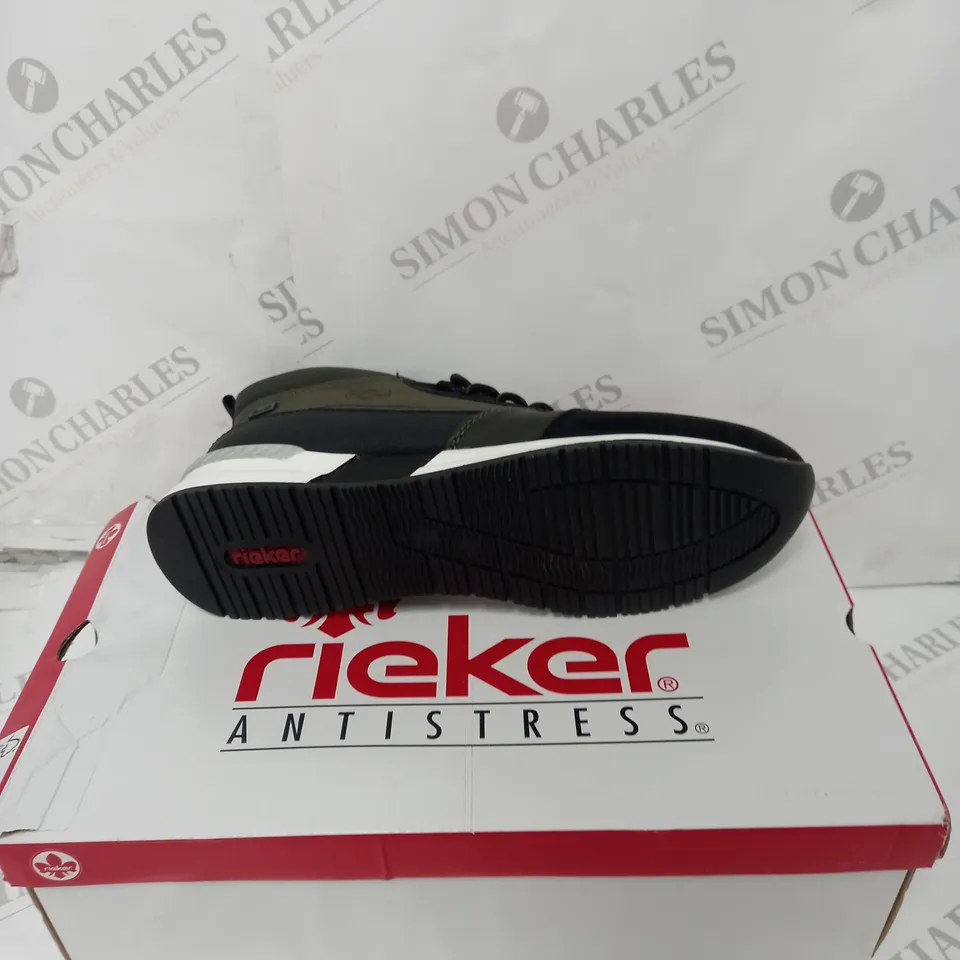 BOXED PAIR OF RIEKER HIGH TOP KHAKI BOOT - SIZE 8 