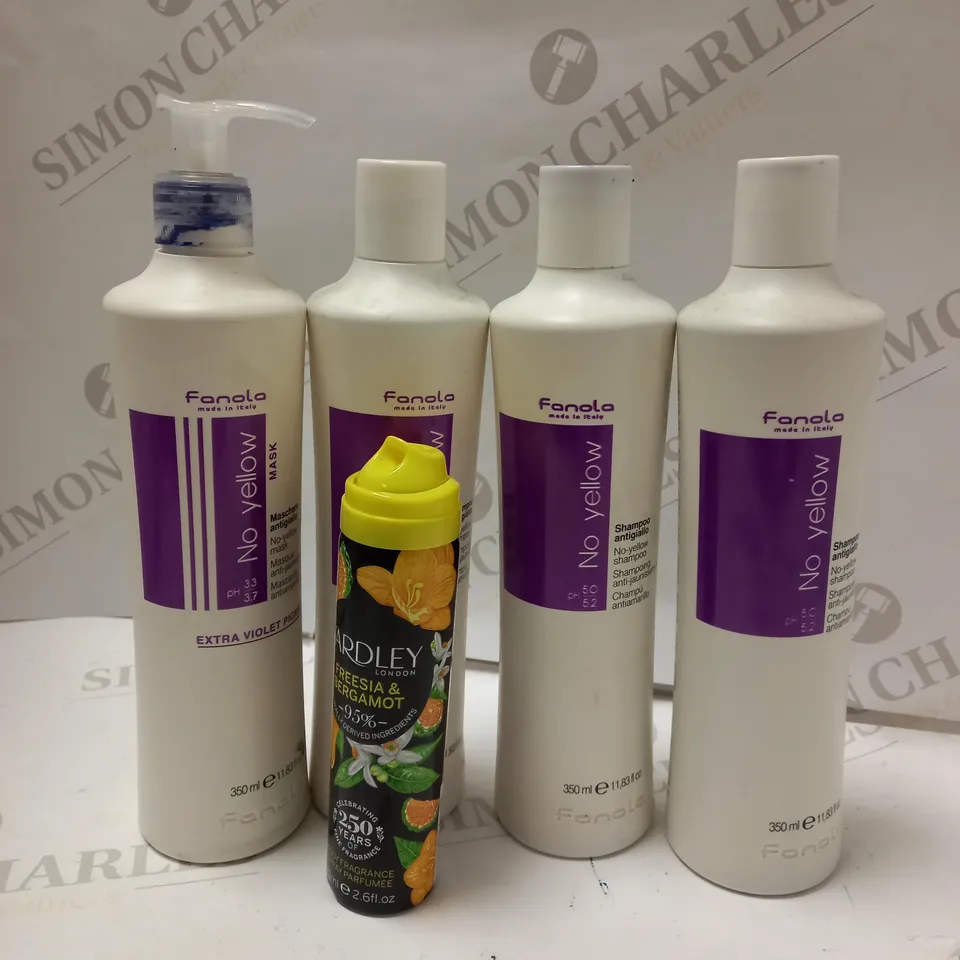 LOT OF 5 ITEMS INCLUDING 3 X FANOLA NO YELLOW SHAMPOO 350ML, 1 X FANOLA NO YELLOW MASK 350ML, 1 X YARDLEY FREESIA & BERGAMOT 75ML