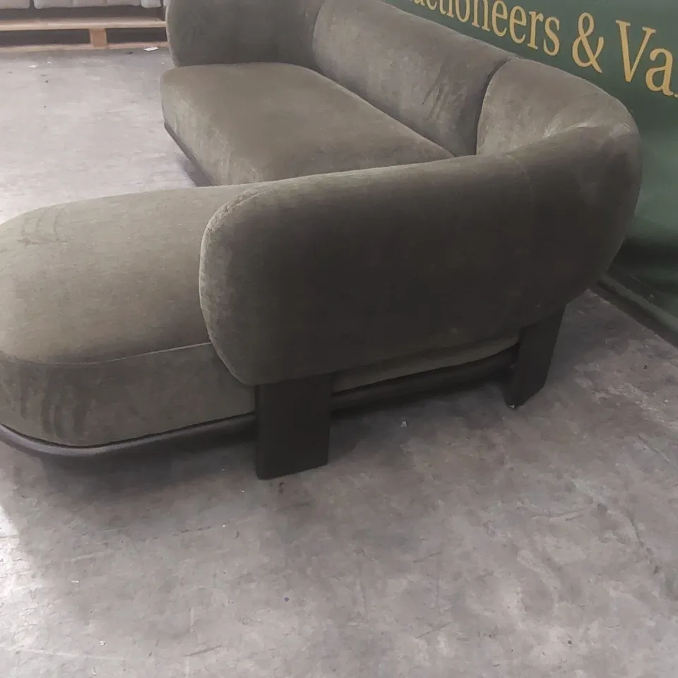 DANETTI FLORENCE OLIVE GREEN FABRIC WITH DARK WOOD RIGHT HAND FACING CHAISE SOFA RRP £1999