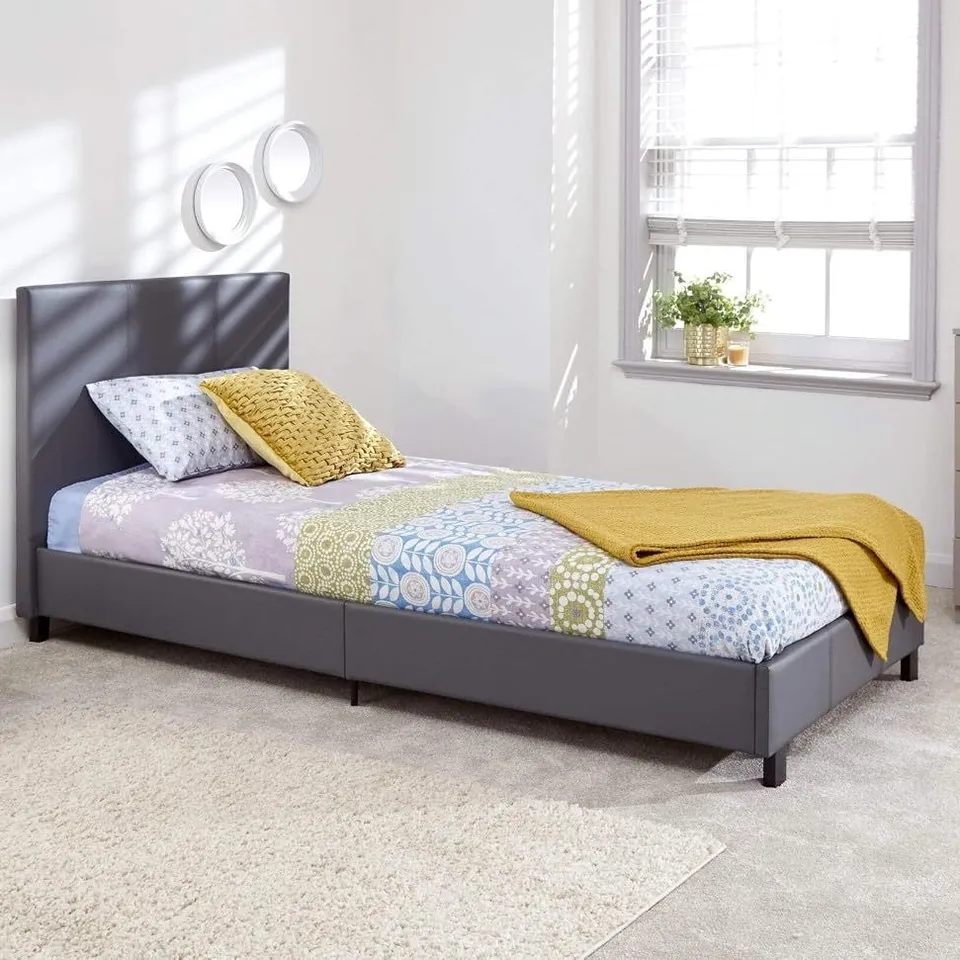 BRAND NEW BED IN A BOX, SINGLE - GREY FAUX LEATHER