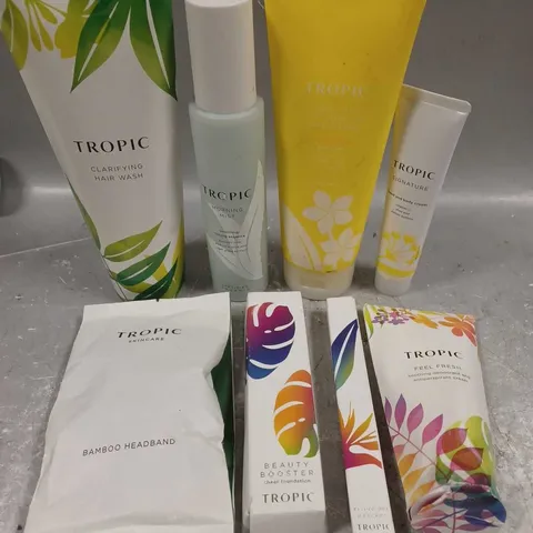 TROPIC SKINCARE LOT OF 8 ASSORTED SKINCARE PRODUCTS TO INCLUDE - BEAUTY BOOSTER SHEER FOUNDATION - CLARIFYING HAIR WASH - FIXING GEL MASCARA - ETC