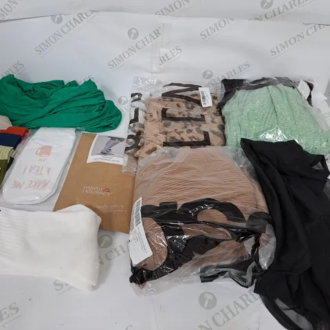 LARGE BOX OF ASSORTED CLOTHING ITEMS IN VARIOUS COLOURS AND SIZES INCLUDING DRESSES , TOPS AND JUMPERS