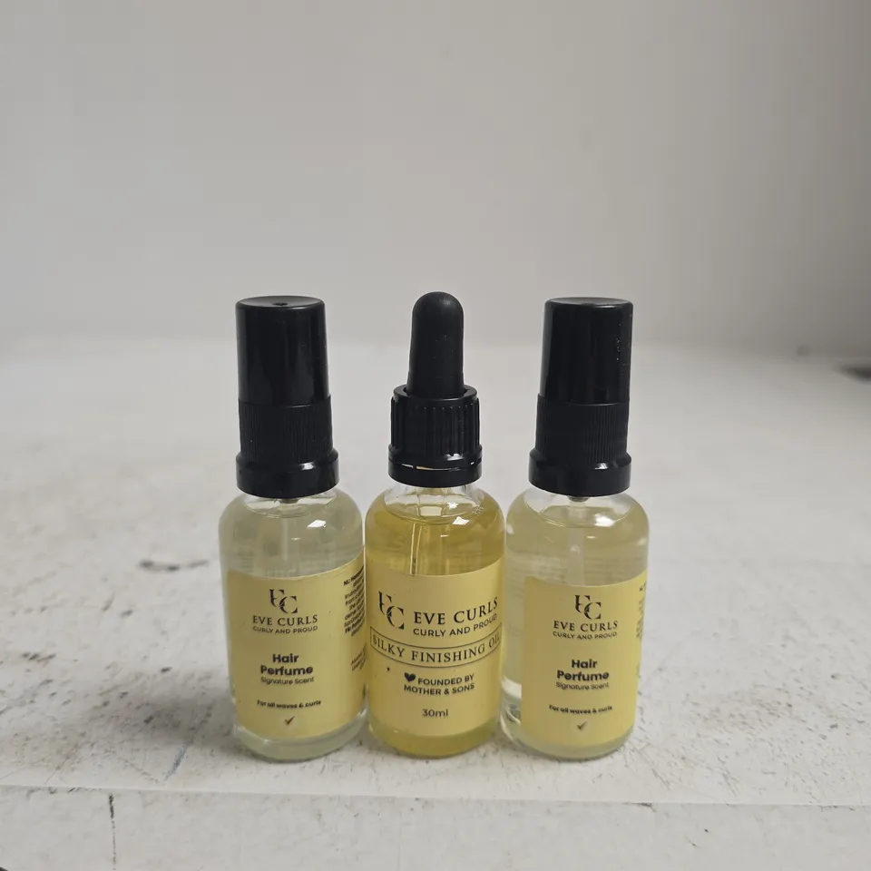 EVE CURLS HAIR PERFUME & SILKY FINISHING OIL – 3 X 30ML BOTTLES