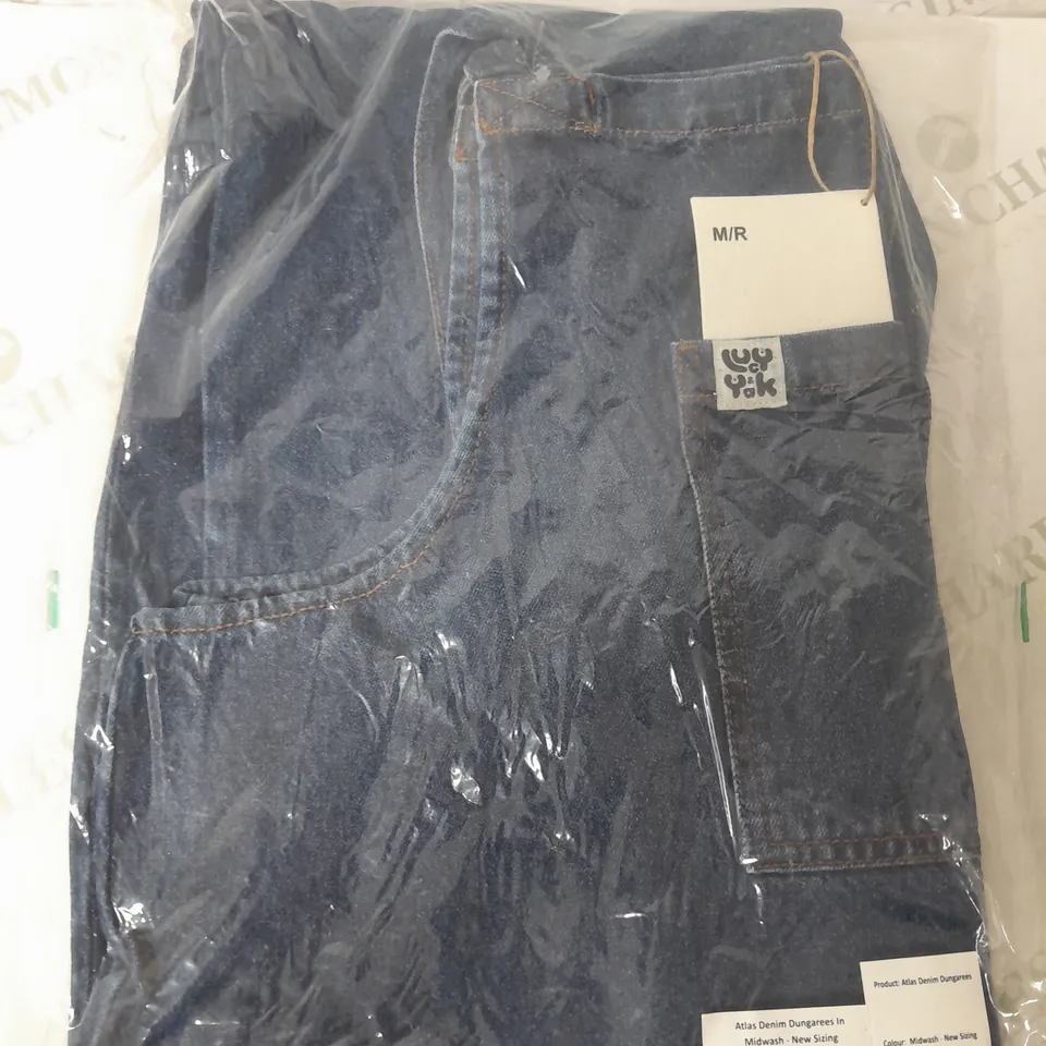 LUCY YAK ATLAS DENIM DUNGAREES IN MIDWASH - SIZE MR
