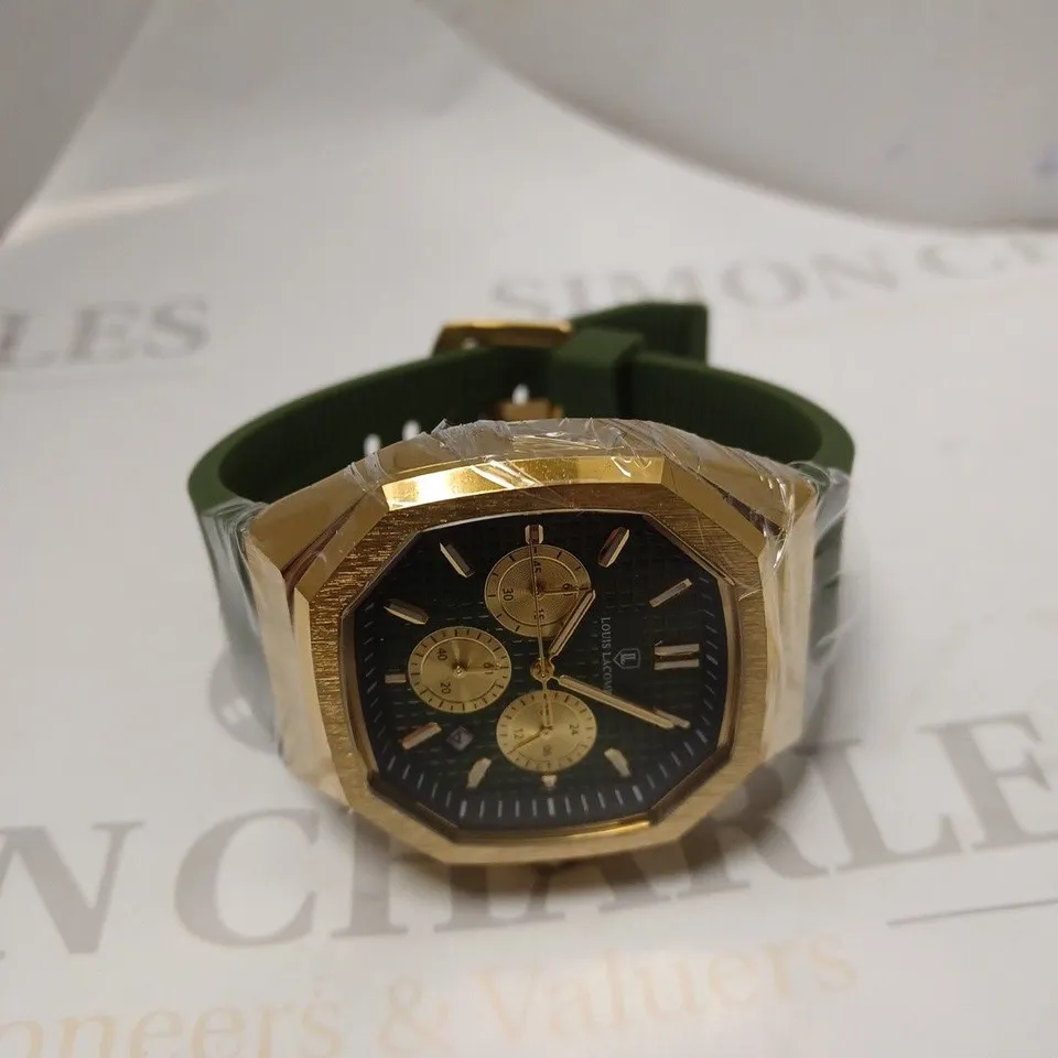 MENS LOUIS LACOMBE CHRONGRAPH WATCH – 3 SUB DIALS – GOLD COLOUR CASE – GREEN RUBBER STRAP