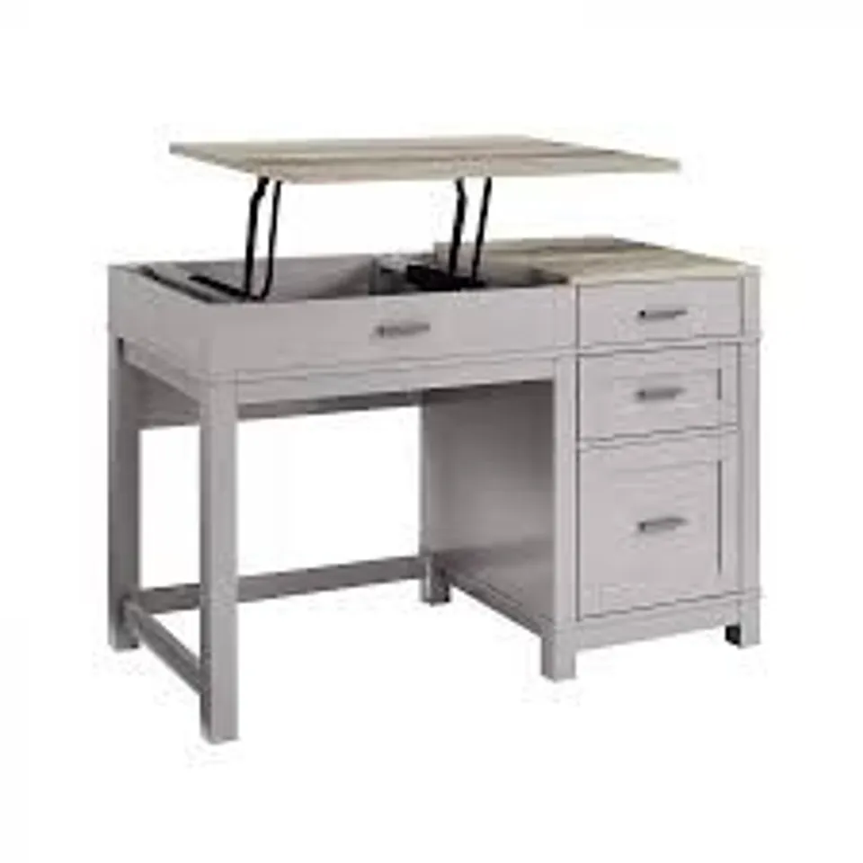 BOXED DOREL HOME CARVER LIFT TOP OFFICE DESK IN GREY (2 BOXES)