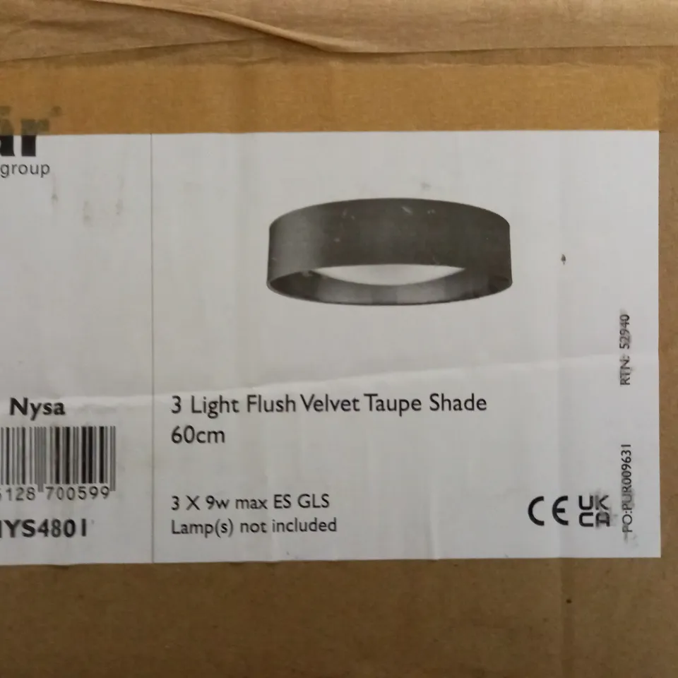BOXED DAR 3 LIGHT FLUSH VELVET TAUPE SHADE 