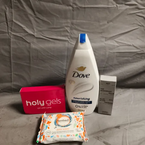 APPROXIMATELY 20 HEALTH AND BEAUTY PRODUCTS TO INCLUDE - DOVE BODY WASH - FEMFRESH WIPES AND AKT DEODORANT BALM