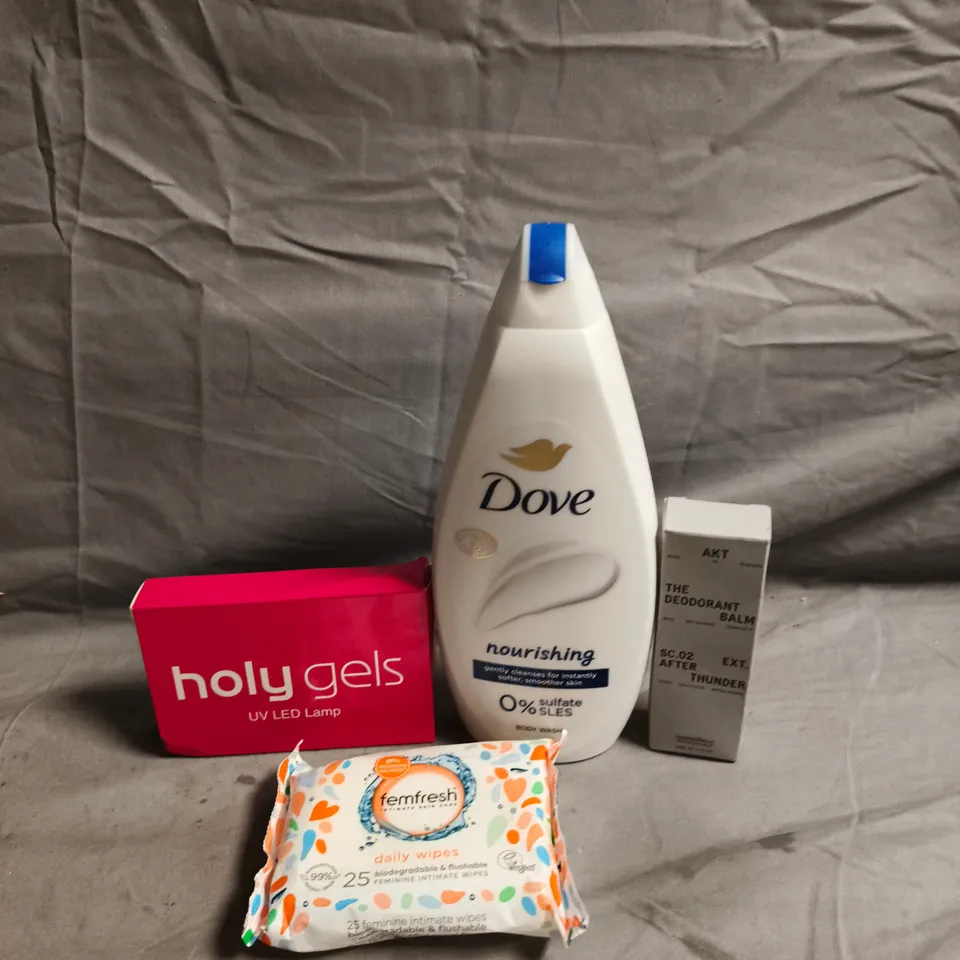 APPROXIMATELY 20 HEALTH AND BEAUTY PRODUCTS TO INCLUDE - DOVE BODY WASH - FEMFRESH WIPES AND AKT DEODORANT BALM