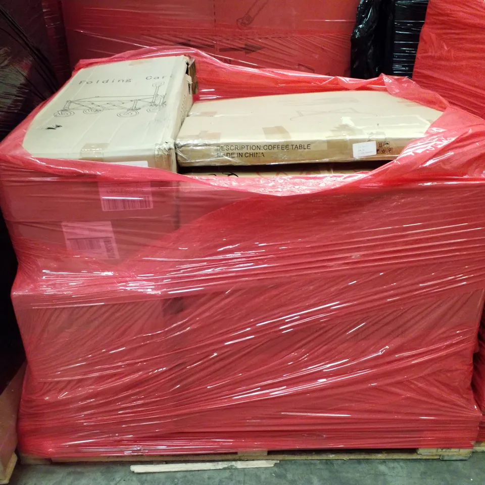PALLET CONTAINING ASSORTED PRODUCTS INCLUDING FOLDING CART, COFFEE TABLE & ERGONOMIC MESH CHAIR