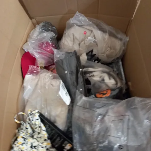 BOX OF ASSORTED CLOTHING ITEMS TOO INCLUDE JUMPERS, SHIRTS AND TROUSERS IN VARIOUS SIZES AND COLOURS