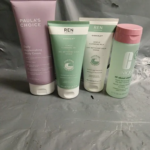 LOT OF 4 ASSORTED COSMETIC PRODUCTS TO INCLUDE CLINIQUE LIQUID FACIAL SOAP, PAULA'S CHOICE DAILY REPLENISHING CREAM, REN EVERCALM GENTLE CLEANSING MILK, ETC