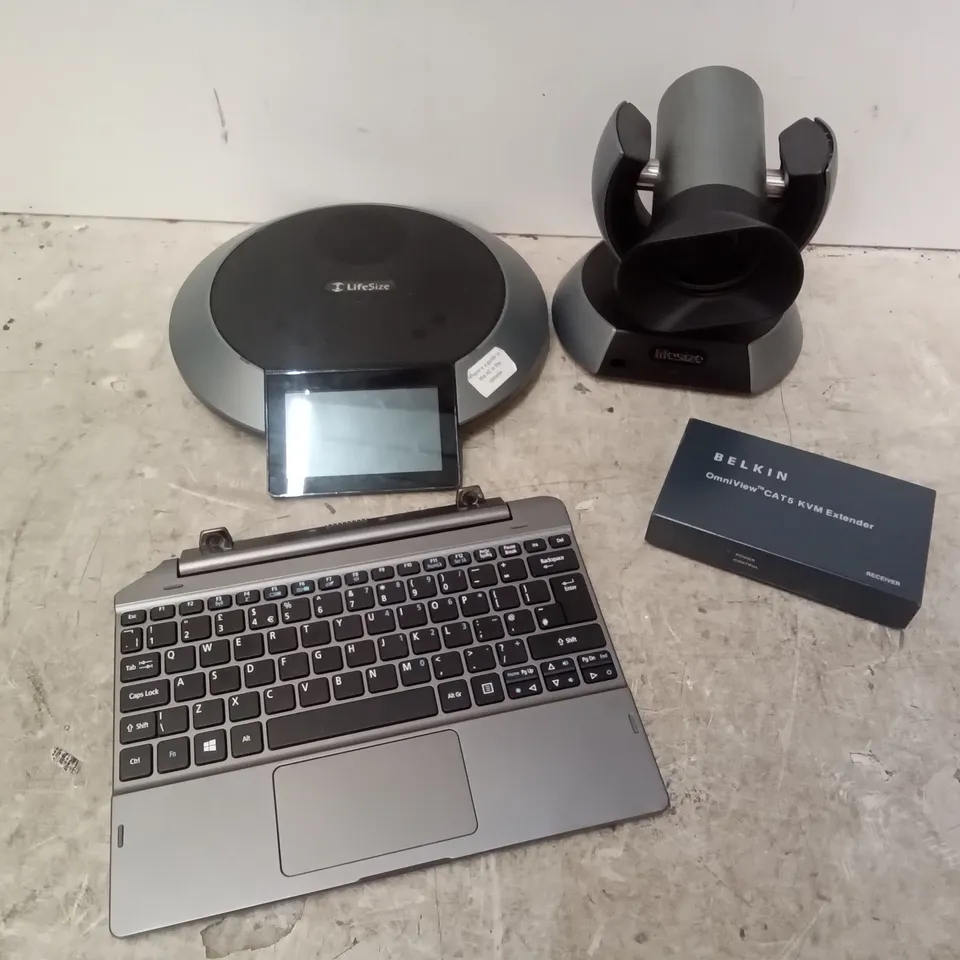 BOX OF ASSORTED TECH INCLUDING LIFESIZE ROOM 220, STABILISED POWER SUPPLY, TDK TREMOR SPEAKER, BELKIN OMNIVIEW CAT5 KVM EXTENDER, LIFESIZE CONFERENCE PHONE, LIFESIZE 10× CAMERA