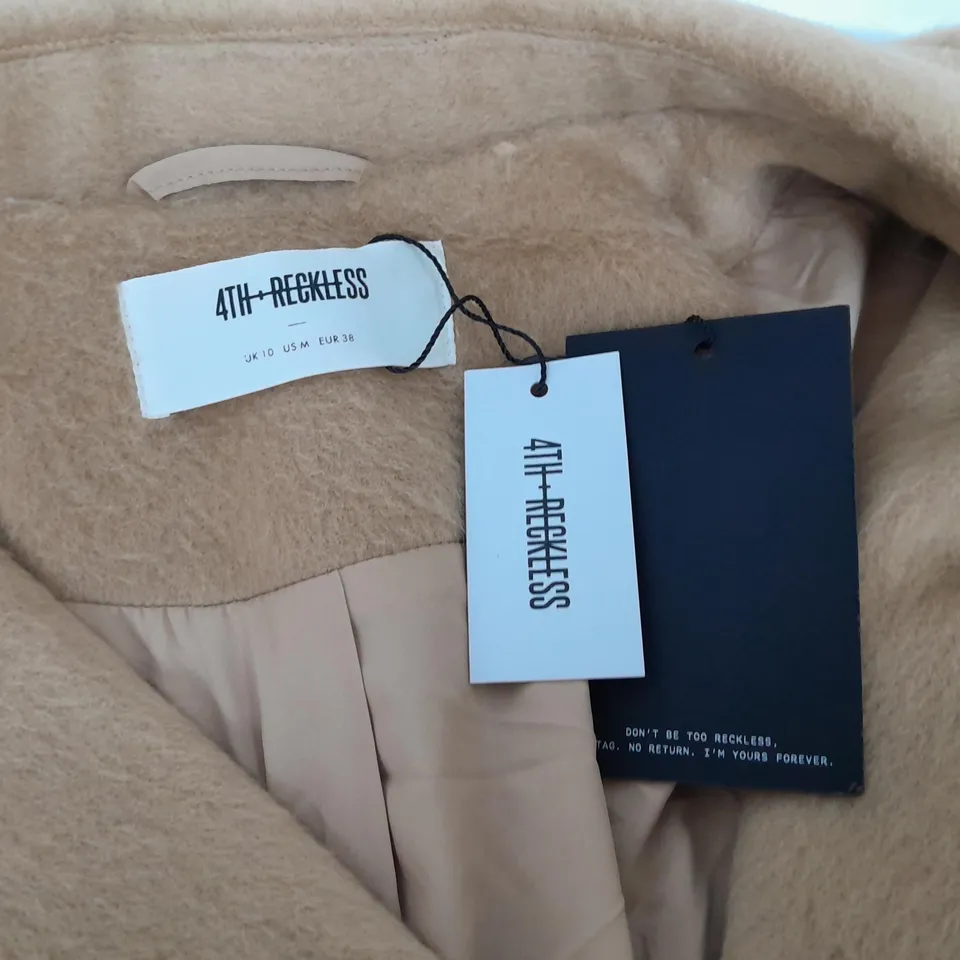 4TH RECKLESS LONGLINE BUTTON FRONT COAT IN CAMEL - UK 10