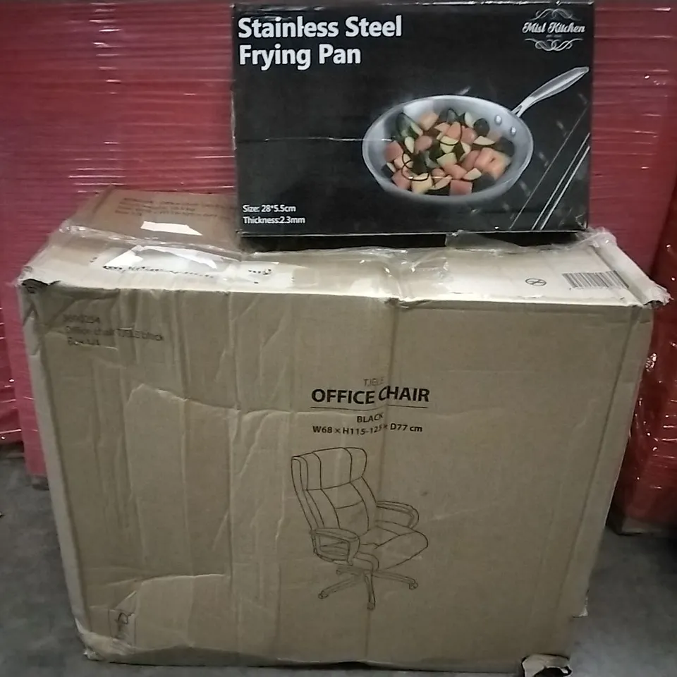 PALLET OF ASSORTED PRODUCTS AND HOUSEHOLD GOODS TO INCLUDE;OFFICE CHAIR,STAINLESS STEEL PAN,