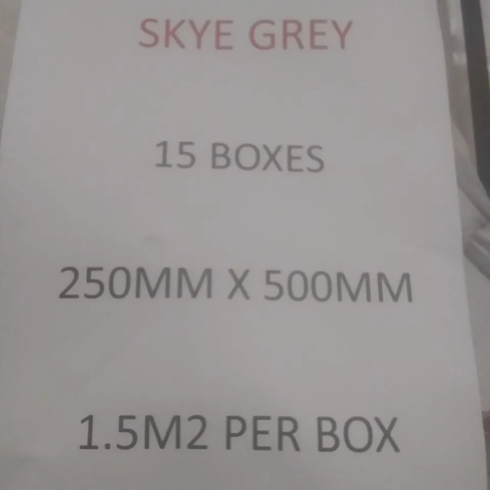 PALLET OF APPROXIMATELY 15 BOXES DEFINITIVE SKYE GREY PREMIUM CERAMIC WALL TILES 250MM X 500MM TOTAL COVERAGE PER BOX OF APPROXIMATELY 1.5MSQ