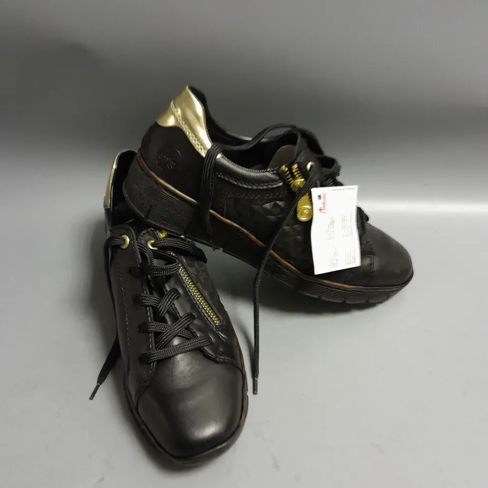 BOXED RIEKER ANTISTRESS BLACK TRAINERS WITH GOLD TRIM SIZE EUR 39