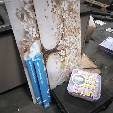 PALLET OF HOUSEHOLD ITEMS TO INCLUDE PUFFY POUCHES SUPERMARKET, PORTABLE PROTECTOR CASE,WRAPPED ART CANVAS,WINDOW WIPERS AND OTHER ASSORTED ITEMS...