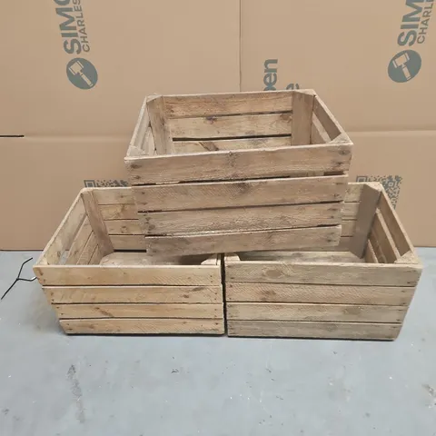 SET OF 3 USED WOODEN STORAGE CRATES