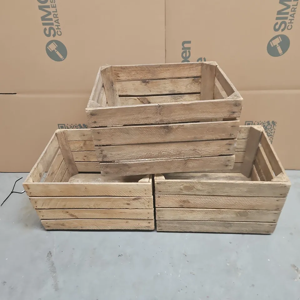 SET OF 3 USED WOODEN STORAGE CRATES