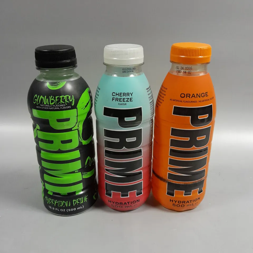 14 X ASSORTED PRIME HYDRATION DRINKS IN ASSORTED FLAVOURS TO INCLUDE GLOWBERRY, CHERRY FREEZE & ORANGE 