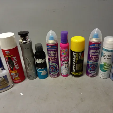 APPROXIMATELY 15 ASSORTED AEROSOLS TO INCLUDE FREEZE SPRAY, INVISIBLE WINDOWS, AND GILLETTE SHAVE FOAM ETC. 