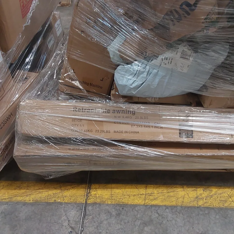 PALLET CONTAINING A LARGE QUANTITY OF ASSORTED CONSUMER PRODUCTS INCLUDING: RETRACTABLE AWNINGS, BLENDER, KICK SCOOTER, VACUUM CLEANER ECT