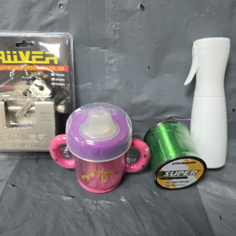 APPROXIMATELY 15 ASSORTED ITEMS TO INCLUDE - RIVVER STEEL LOCK , SUPER MONOFILAMENT , BOBO BABY BOTTLE ETC
