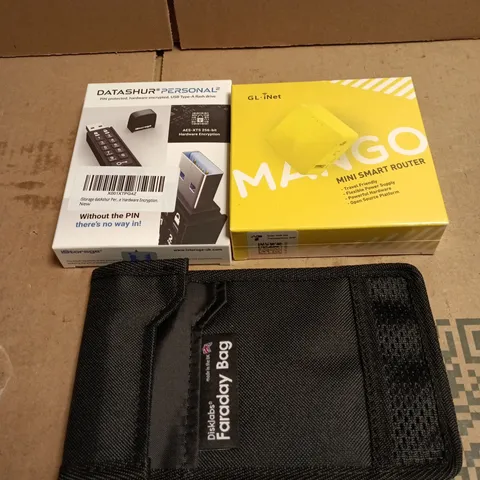 6 ITEM SET TO INCLUDE: GL INET MINI SMART ROUTER, FARADAY BAG, ISTORAGE AES XTS 256 BIT HARDWARE ENCRYPTION WITH BLACK OSPREY BAG