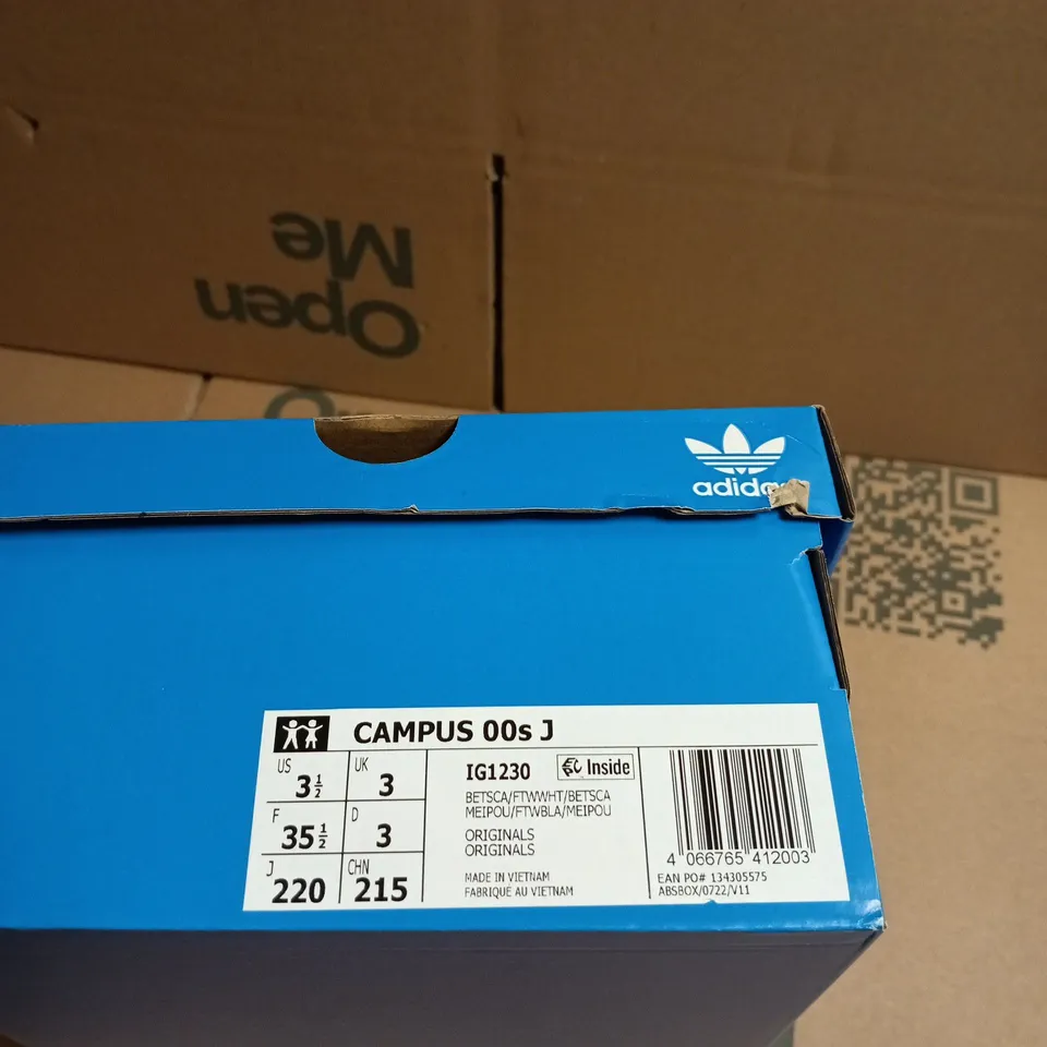 BOXED PAIR OF ADIDAS CAMPUS 00S J KIDS SNEAKERS – RED, UK 3