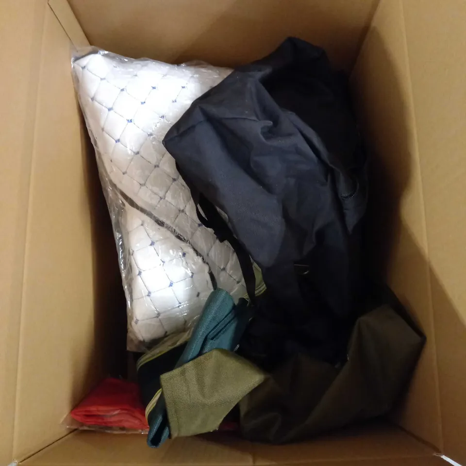 LARGE BOX OF APPROXIMATELY 12 ASSORTED HOUSEHOLD ITEMS TO INCLUDE: MATTRESS PROTECTOR, BATH MAT, PICNIC BLANKET
