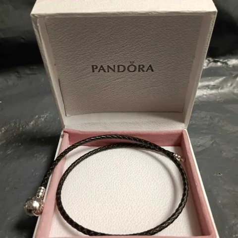 PANDORA BLACK LEATHER NECKLACE WITH SILVER CLASP – BOXED