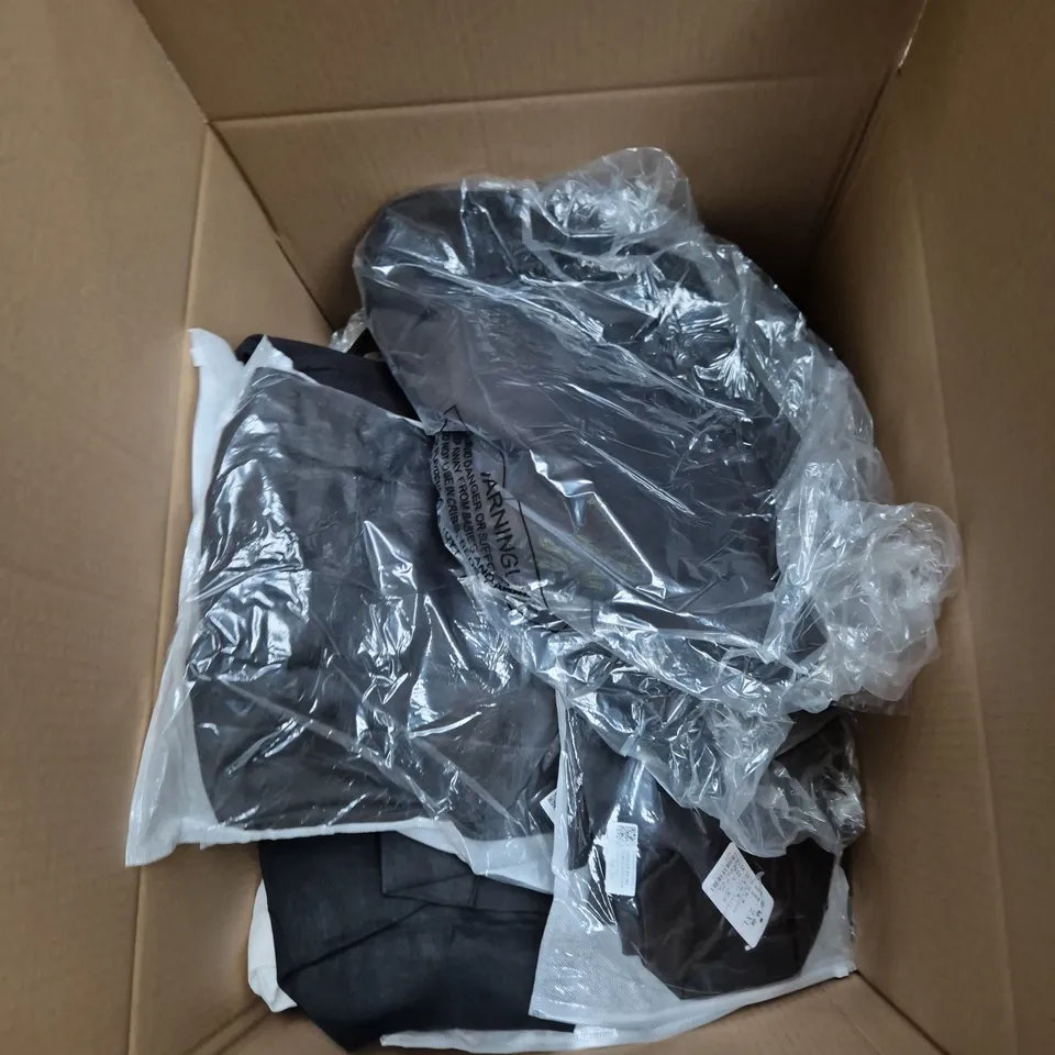 LARGE BOX OF ASSORTED CLOTHING ITEMS IN ASSORTED COLOUR, SIZES AND STYLES