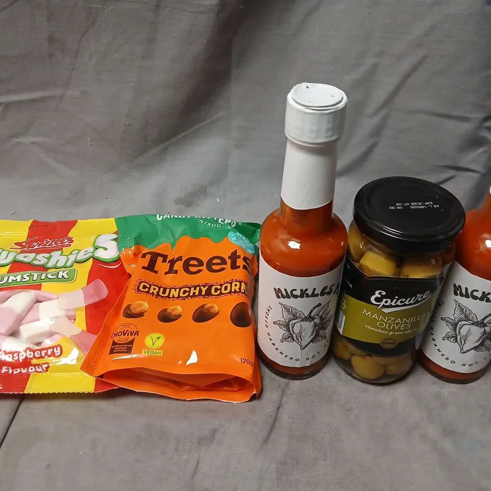 APPROXIMATELY 10 ASSORTED FOOD ITEMS TO INCLUDE - SQUISHIES, OLIVES AND HOT SAUCE 