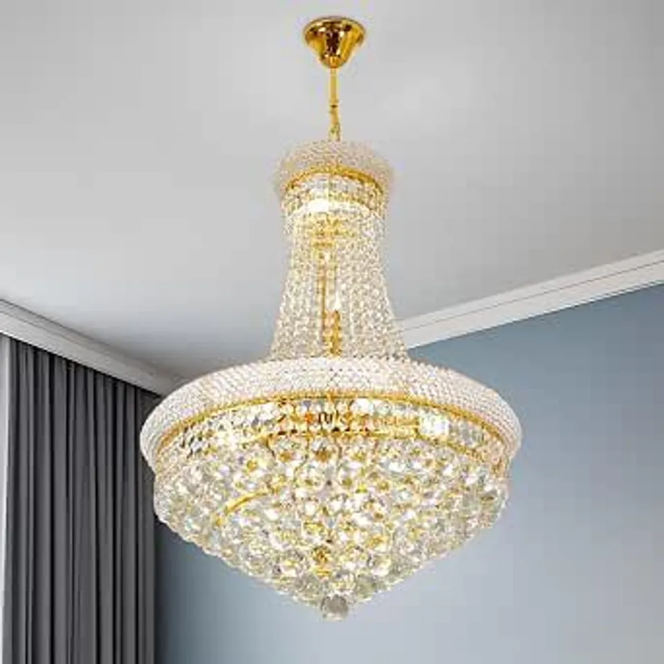 BOXED GOLDEN MODERN CRYSTAL CHANDELIER LAMP: ROUND CEILING AND PENDANT LAMP FOR LIVING ROOM, DINING ROOM, BEDROOM AND RESTAURANT, INDOOR LIGHTING