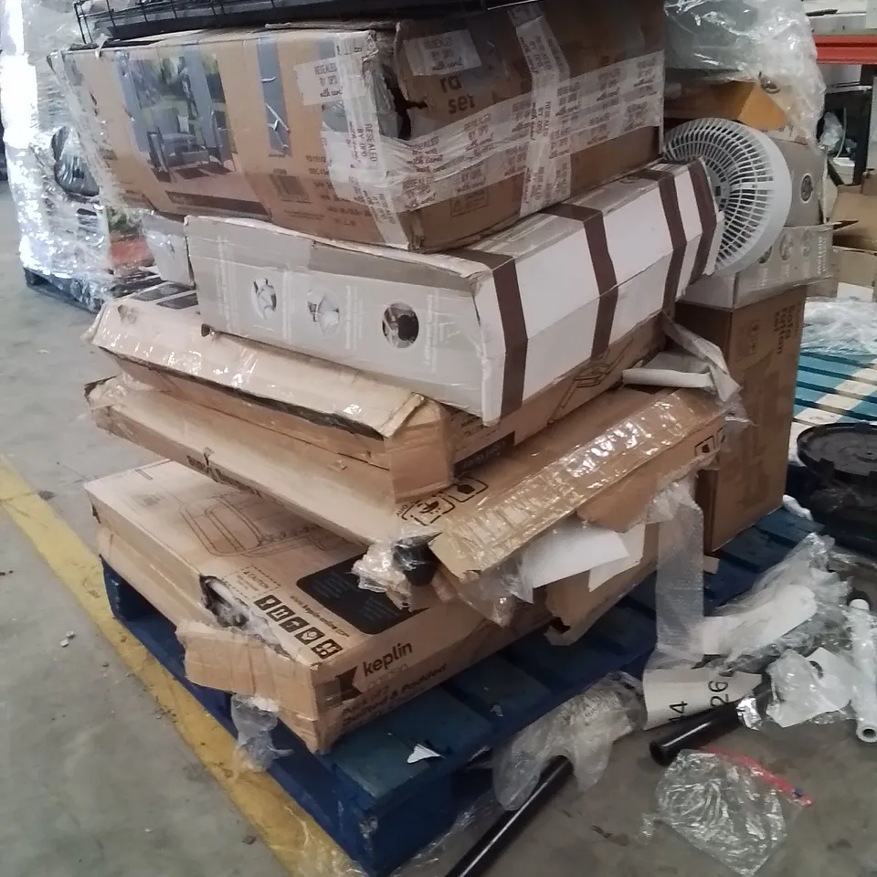 PALLET OF ASSORTED HOUSEHOLD GOODS AND PRODUCTS TO INCLUDE;GRAVITY CHAIRS,FOLDING TABLE,FANS,DOG CAGE,RATTAN GARDEN FURNITURE SET
