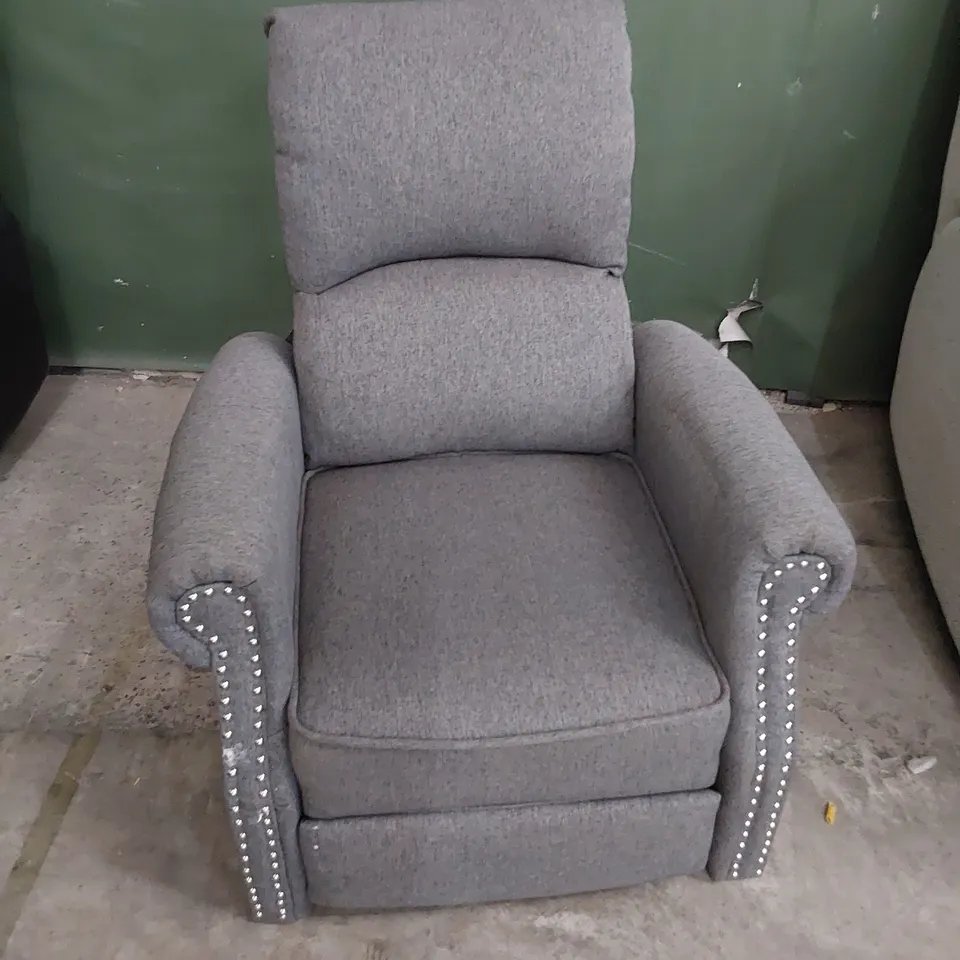 DESIGNER PUSH BACK RECLINING EASY CHAIR GREY FABRIC STUDDED DETAIL 
