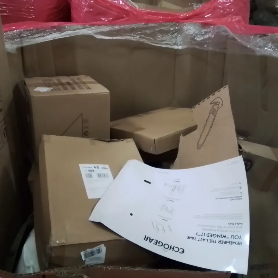 PALLET OF ASSORTED HOUSEHOLD GOODS AND PRODUCTS TO INCLUDE;AIR FRYER,DRYWALL CUTTING TOOL,MONITOR BRACKET 