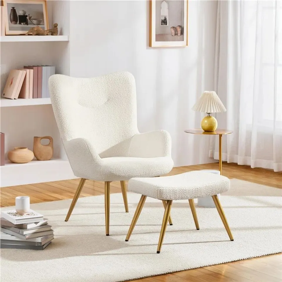 BOXED YAHEETECH UPHOLSTERED ACCENT CHAIR WITH FOOTSTOOL - IVORY (1 BOX)
